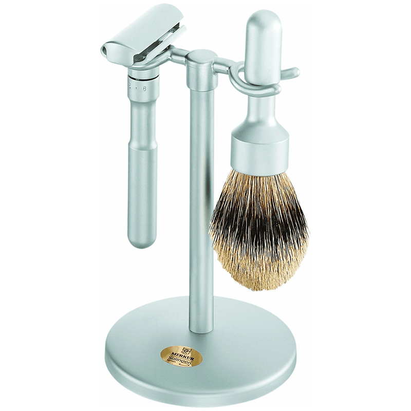 Pasteur Pharmacy Fulfillment Shaving Set Merkur Futur Brushed Chrome Stand, Adjustable Safety Razor & Badger Brush 3 Piece Shaving Set