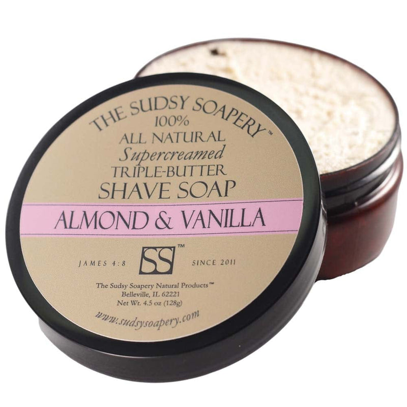 The Sudsy Soapery Natural Products, LLC Shaving Soap Supercreamed Triple Butter Shave Soap for Shaving, Almond and Vanilla