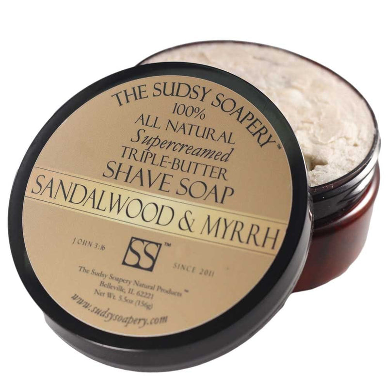 The Sudsy Soapery Natural Products, LLC Shaving Soap Supercreamed Triple Butter Shaving Sandalwood and Myrrh
