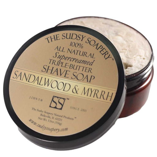 The Sudsy Soapery Natural Products, LLC Shaving Soap Supercreamed Triple Butter Shaving Sandalwood and Myrrh
