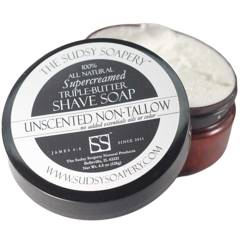 The Sudsy Soapery Natural Products, LLC Unscented Shave Soap Supercreamed Triple Butter Non-Tallow Shaving Soap, No Added Scent or Color